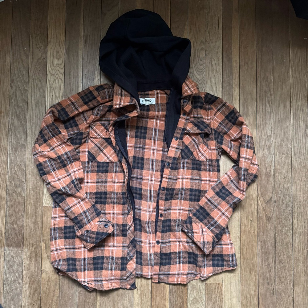 Orange and black flannel hooded shirt size XL